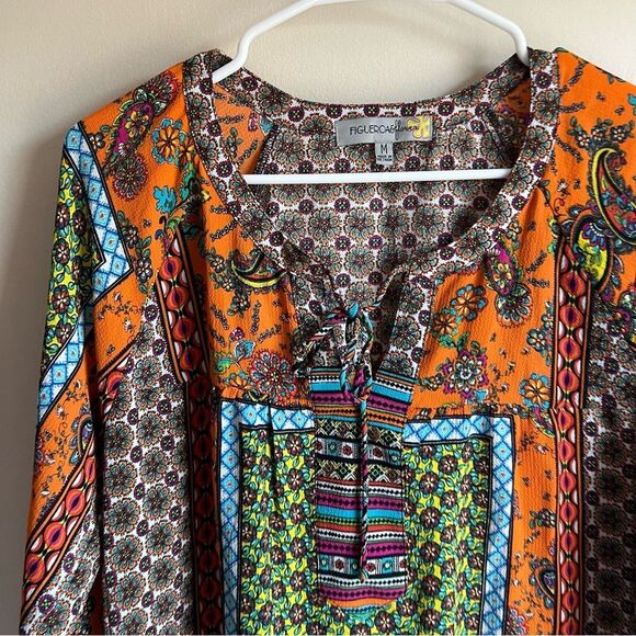 Figueroa & Flower Boho Paisley Tie Neck 3/4 Sleeve Blouse - Picture 2 of 6